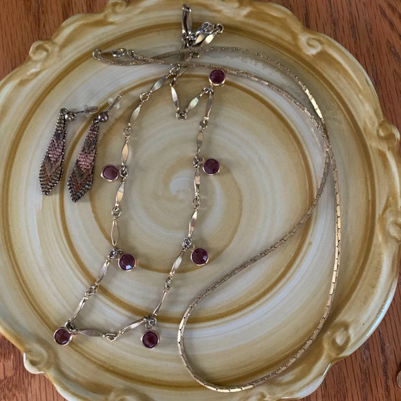 VTG Gold violet crystal bezel necklace small anchor chain chevron drop earrings - Picture 8 of 10
